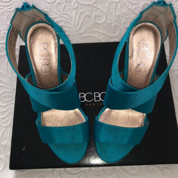 BCBG RANDO Platform Wedge Heel Sandal Teal Fabric Jute Trim Back Zip Sexy 8 - Picture 10 of 13